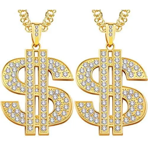 2 Pieces Gold/Silver Plated Chain for Men with Dollar Sign Pendant Necklace, Hip Hop Dollar Necklace