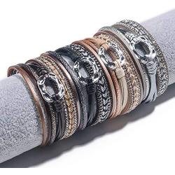 Bohemian Colorful Tiered Leather Beads Wrap Bracelet Fashionable Hammered Ring Wrist Cuff Magnetic Buckle Clasp Bangle for Women Men Girls Jewelry Vacation Gift