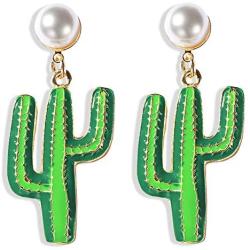 Green Cactus Earrings Tropical Plant Jewelry Cactus Gift for women girl，Pearl Earrings Cactus Earring Set Green Crystal Ear Jewelry for Women and Girls