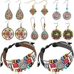 6 Pairs Bohemian Vintage Dangle Earrings Boho Retro Rhinestone Drop Earrings and 2 Pieces Vintage Bohemia Beaded Bracelet Multi-layer Woven Bracelet Jewelry for Women Girls