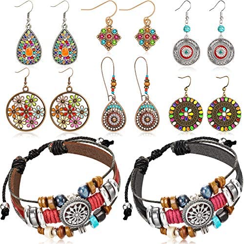 6 Pairs Bohemian Vintage Dangle Earrings Boho Retro Rhinestone Drop Earrings and 2 Pieces Vintage Bohemia Beaded Bracelet Multi-layer Woven Bracelet Jewelry for Women Girls