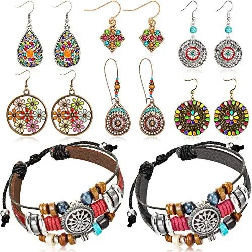 6 Pairs Bohemian Vintage Dangle Earrings Boho Retro Rhinestone Drop Earrings and 2 Pieces Vintage Bohemia Beaded Bracelet Multi-layer Woven Bracelet Jewelry for Women Girls