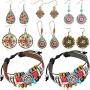 6 Pairs Bohemian Vintage Dangle Earrings Boho Retro Rhinestone Drop Earrings and 2 Pieces Vintage Bohemia Beaded Bracelet Multi-layer Woven Bracelet Jewelry for Women Girls