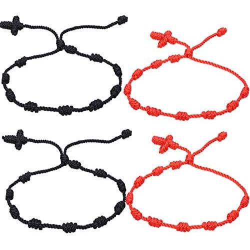 4Pcs Handmade 7 Knots Cross Red String Bracelet for Women Girls Men Boys Family Adjustable Waterproof Red Rope Chain Braided bracelet Good Luck Amulet Jewelry