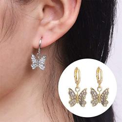 INENIMARTJ Charm Butterfly Hoop Earrings, 14K Gold Silver Crystal Butterfly Drop Dangle Earrings for Women and Girls