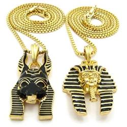 Shiny Jewelers USA Mens Ancient Egyptian Anubis Pharaoh Ankh Cross Hip Hop Pendant Box Chain Necklace Set