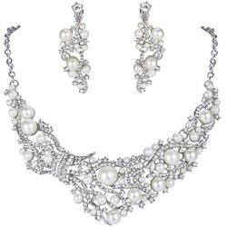 EVER FAITH Silver-Tone Crystal Cream Simulated Pearl Vine Necklace Earrings Set Clear