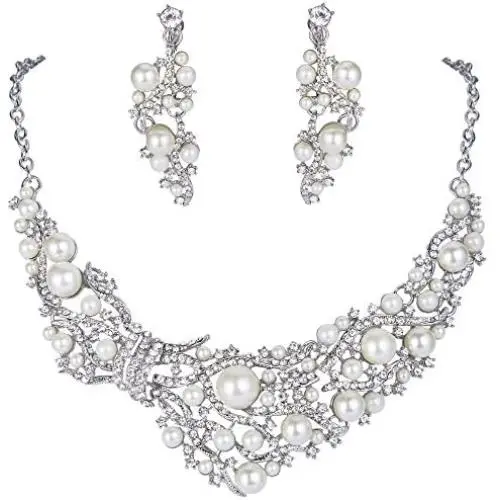 EVER FAITH Silver-Tone Crystal Cream Simulated Pearl Vine Necklace Earrings Set Clear EVER FAITH Silver-Tone Crystal Cream Simulated Pearl Vine Necklace Earrings Set Clear