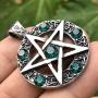 Wicca Jewelry Celtic Pentagram Pentacle Star Green Emerald Crystal Gem Wiccan Pagan Witch Magic Healing Protection Amulet Pewter Mens Womens Pendant Necklace Charm for Men Women Silver Ball Chain