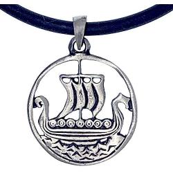 Norse Viking Jewelry Dragon Oseberg Ship Longship Faering Karve Knarr Boat Silver Pewter Mens Pendant Necklace Protection Amulet Safe Travel Talisman Wealth Money Fortune Lucky Charm w Black PVC Cord