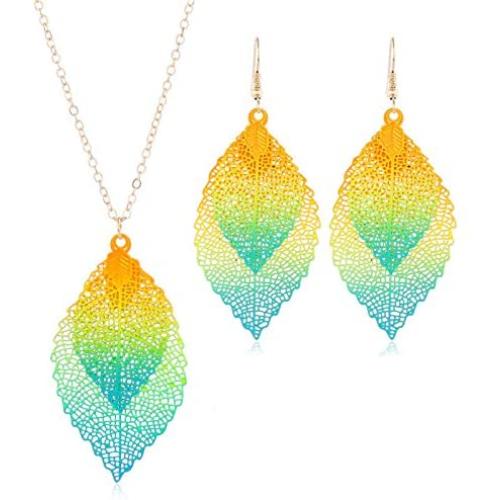 Gradient Colorful Leaf Vein Shaped Pendants Necklace Earring Jewelry Set Bohomian Double Layered Leaves Dangle Earring Fashion Gifts for Women Girls