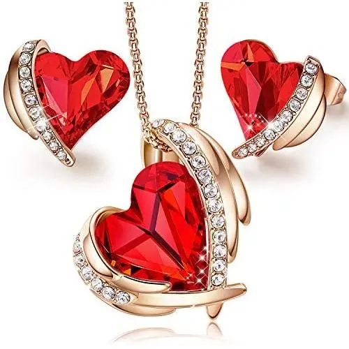 CDE Love Heart Necklaces and Earrings Jewelry Set for Women Rose Gold/Sliver Tone Crystals Birthstone Valentines Day Jewelry Gifts for Women Party/Anniversary/Birthday