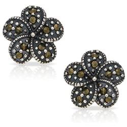 Bohemian Hibiscus Flower Earrings for a Perfect & Delicate Woman or Wife, Never Rust 925 Sterling Silver and Marcasite Hypoallergenic Studs | Free Breathtaking Gift Box for Special Moments of Love