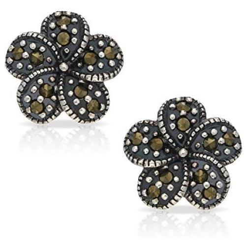 Bohemian Hibiscus Flower Earrings for a Perfect & Delicate Woman or Wife, Never Rust 925 Sterling Silver and Marcasite Hypoallergenic Studs | Free Breathtaking Gift Box for Special Moments of Love