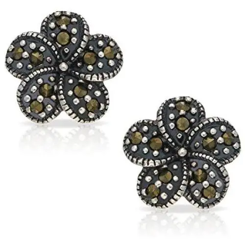 Bohemian Hibiscus Flower Earrings for a Perfect & Delicate Woman or Wife, Never Rust 925 Sterling Silver and Marcasite Hypoallergenic Studs | Free Breathtaking Gift Box for Special Moments of Love