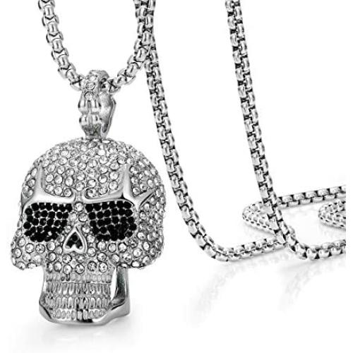 ROWIN&CO Iced Out Hip hop Bling Skull Pendant Necklaces Men Cz Diamond Personalized Punk Jewelry Birthday Gifts to Best Love Husband/Boyfriend, with 28'' Chain