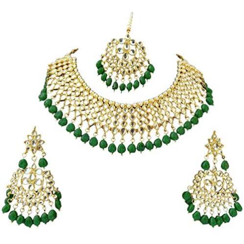 Finekraft Meena Kundan Bridal Wedding Designer Gold Plated Pearls Necklace Jewelry Set