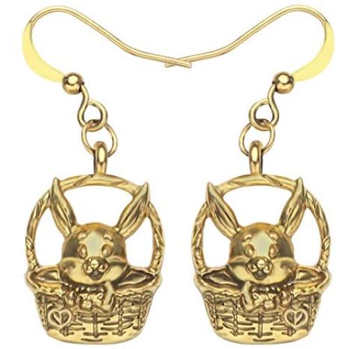 DOWAY Antique Gold Plated Basket Easter Bunny Rabbit Earrings Dangle Drop Metal Jewelry for Women Girls Classic Gift