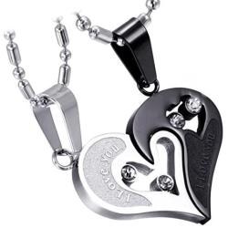 Cupimatch 2-Piece Stainless Steel Couple Necklace Rhinestone I Love You Heart Puzzle Matching Pendant with Chain