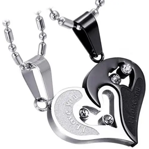 Cupimatch 2-Piece Stainless Steel Couple Necklace Rhinestone I Love You Heart Puzzle Matching Pendant with Chain Cupimatch 2-Piece Stainless Steel Couple Necklace Rhinestone I Love You Heart Puzzle Matching Pendant with Chain
