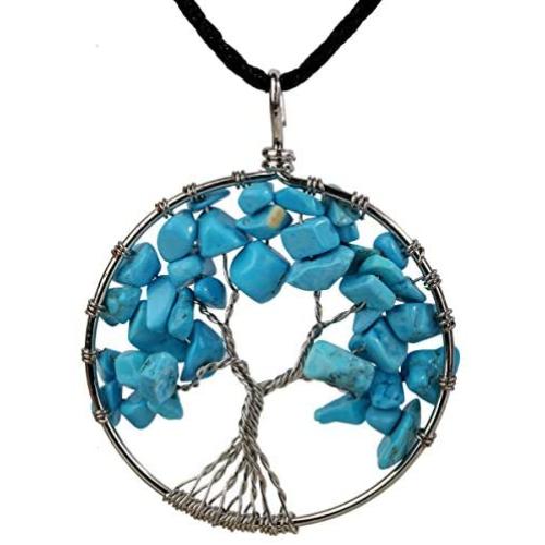 YACQ Tree of Life Gemstone Cluster Pendant Necklace Wire Wrapped Healing Chakra Spiritual Raw Stone Tumbled Handcrafted Jewelry for Women 18''+2''