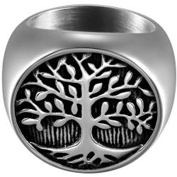Flongo Mens Religious Stainless Steel Vintage Life Tree Band Ring, Christmas Wedding Band, Anniversary Tree of Life Valentine Gift Turkish Jewelry Men Ring