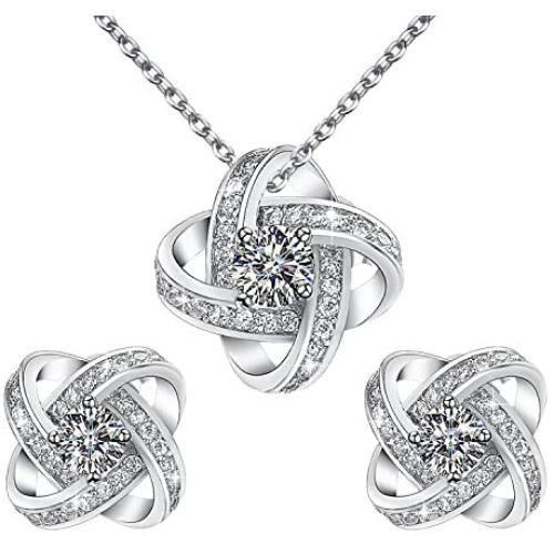 Yoursfs Halos Bridal Jewelry Set for Women Platinum Plated Big CZ Austrian Crystal Clip On Earrings Pendant Necklace Sets
