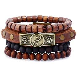 Tikkii 4-Pack Yin Yang Bracelet Set Taoist Symbol Tai Chi Wristbands Cowhide Leather Wooden Beads Jewelry for Men Women
