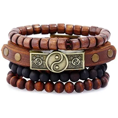 Tikkii 4-Pack Yin Yang Bracelet Set Taoist Symbol Tai Chi Wristbands Cowhide Leather Wooden Beads Jewelry for Men Women Tikkii 4-Pack Yin Yang Bracelet Set Taoist Symbol Tai Chi Wristbands Cowhide Leather Wooden Beads Jewelry for Men Women