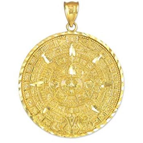 14k Yellow Gold Aztec Charm Mayan Calendar Pendant