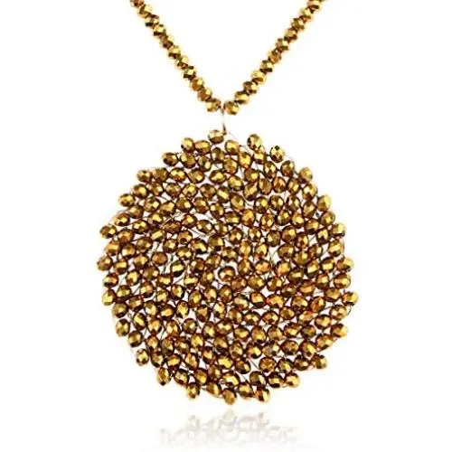 RIAH FASHION Bohemian Beaded Round Pendant Long Statement Necklace - Sparkly Crystal, Wood Braided Sun Disc Wired Circle Charm RIAH FASHION Bohemian Beaded Round Pendant Long Statement Necklace - Sparkly Crystal, Wood Braided Sun Disc Wired Circle Charm