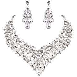 BriLove Womens Wedding Bridal Crystal Hollow Cluster Teardrop Enamel Statement Necklace Dangle Earrings Set