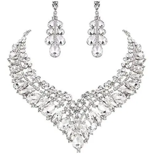 BriLove Womens Wedding Bridal Crystal Hollow Cluster Teardrop Enamel Statement Necklace Dangle Earrings Set BriLove Womens Wedding Bridal Crystal Hollow Cluster Teardrop Enamel Statement Necklace Dangle Earrings Set