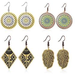 Jertom 4 Pairs Copper Bohemian Vintage Totem Painting Hook Dangling Boho Earrings Set Retro Bronze Brass Ethnic Jewelry for Women