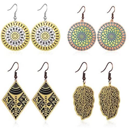 Jertom 4 Pairs Copper Bohemian Vintage Totem Painting Hook Dangling Boho Earrings Set Retro Bronze Brass Ethnic Jewelry for Women