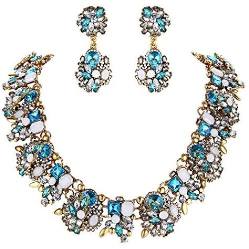 BriLove Womens Tribal Ethnic Crystal Mix-Shape Cluster Statement Necklace Dangle Earrings Set