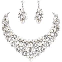 EVER FAITH Crystal Cream Simulated Pearl Wedding Floral Necklace Earrings Set Clear