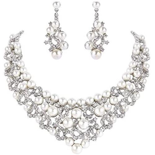 EVER FAITH Crystal Cream Simulated Pearl Wedding Floral Necklace Earrings Set Clear