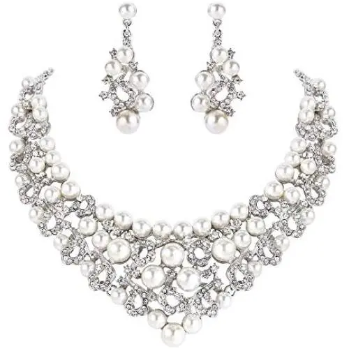EVER FAITH Crystal Cream Simulated Pearl Wedding Floral Necklace Earrings Set Clear
