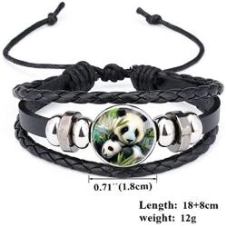 Womens Giant Panda Baby Pictures Black Leather Bracelet Multi Layer Lovely Cartoon Animal Glass Cabochon Bangle for Girl Boy