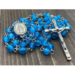 Nazareth Store Rosary Necklace 7mm Round Light Blue Beads Turquoise Cat Eye Stone Miraculous Medal with Crucifix - Velvet Bag