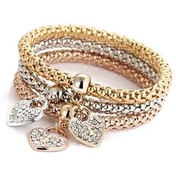 3PCS Gold/Silver/Rose Gold Corn Chain Bracelet Crystal Multilayer Charms stretch bracelet For Women Girls