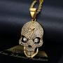 Lee Island Fashion 24K Gold Plated Simulated Diamond CZ Fully Skull Lightning Pendant Stainless Steel Necklace, 24 Inch Chain Hip Hop Halloween Jewelry For Men Boys