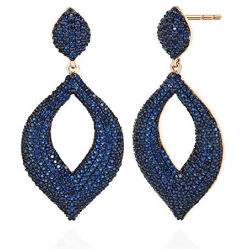 Blue Sapphire CZ Teardrop Earrings - 14k Gold Plated Hollow Crystal Cubic Zirconia Dangle Drop Earring for Wedding Party Prom Bridal Jewelry for Bride Bridesmaids September Birthstone Birthday Gift