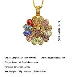 OPENDGO Hip Hop 18K Gold Plated Rotatable Sunflower Necklace for Women CZ Stone Cubic Zirconia Men Women Necklace Rapper Jewelry Diamond Necklace 24'' Rope Chain