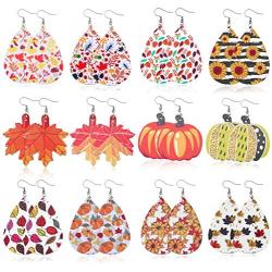 GYSONG Fall Earrings For Women Faux Leather Earrings Sunflower Earrings Halloween Pumpkin Earrings Teardrop Leather Earrings Thanksgiving Dangle Drop Earrings For Women Kids 12 Pairs