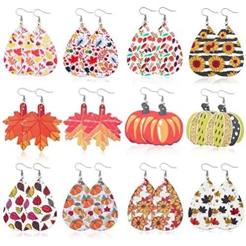 GYSONG Fall Earrings For Women Faux Leather Earrings Sunflower Earrings Halloween Pumpkin Earrings Teardrop Leather Earrings Thanksgiving Dangle Drop Earrings For Women Kids 12 Pairs