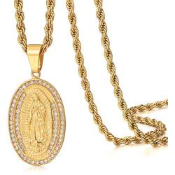 ROWIN&CO Mens 18K Gold Hip Hop Iced Out Bling Micro Pave Artificial Diamond Oval Virgin Mary CZ Pendant with 20/24/30 inchs Gold Rope Chain