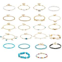 Florideco 22Pcs Ankle Bracelets for Women Inifinity Bead Shell Anklet Adjustable Layered Chain Anklet Set Foot Jewelry