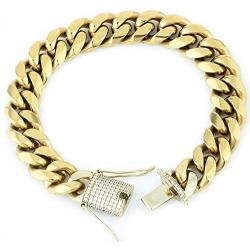 GOLD IDEA JEWELRY 14k Gold Plated Stainless Steel Thick Miami Cuban Link Chain with Lab Diamond Clasp Mens Hip Hop Necklace or Bracelet